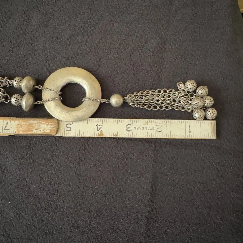 VNT Lariat Serpentine Tribal Statement Necklace Silver Multi Strand Tassel